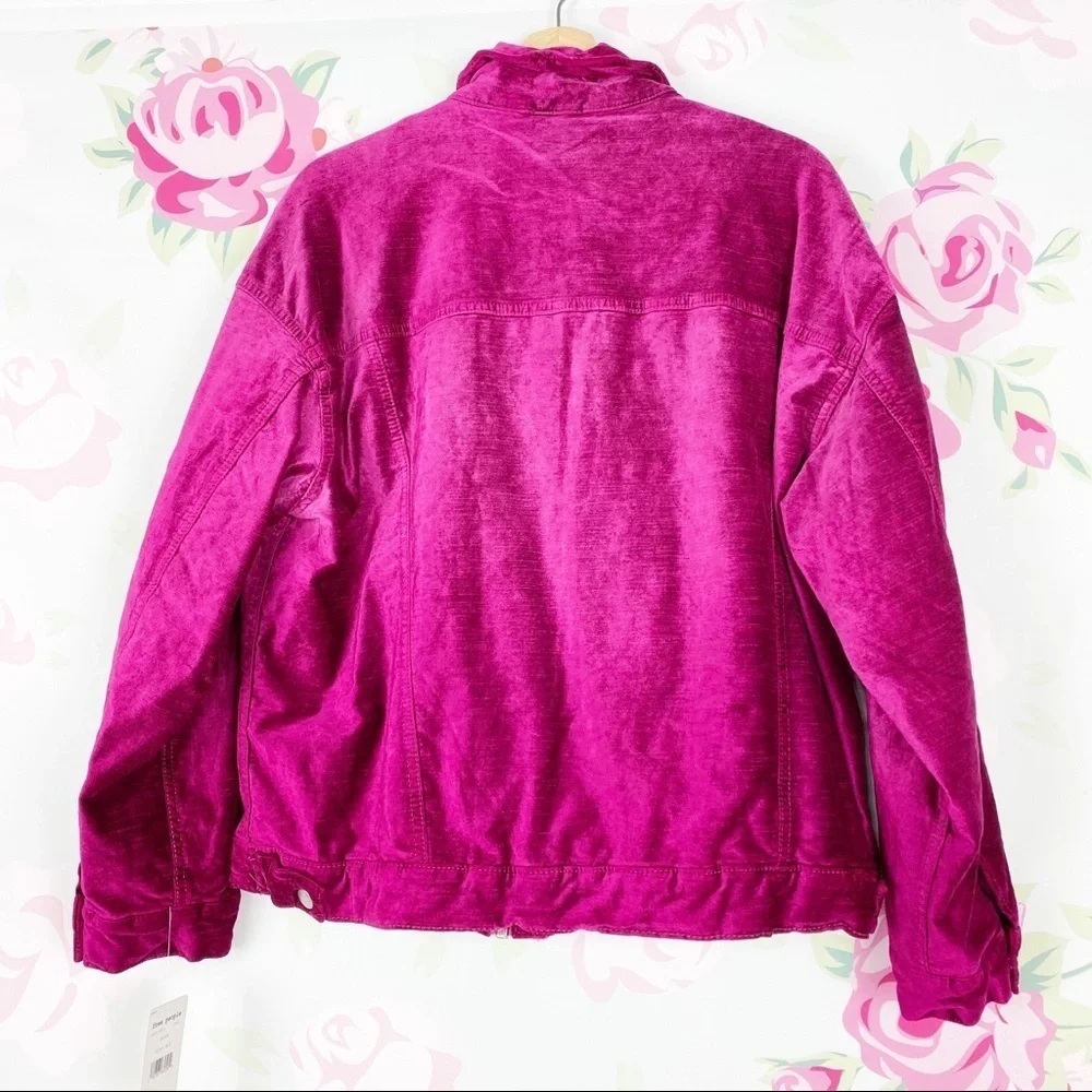 NEW Free People Magenta Pink Velvet Trucker Oversized Jacket M L